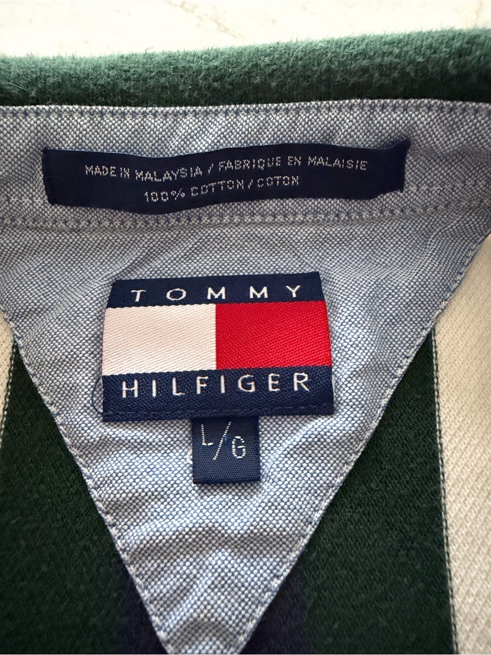Vintage Tommy Hilfiger Vertical Stripe Polo in Navy, Green & Burgundy - Picture 6 of 8